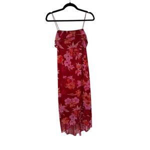 Y2K Byer Too! Red Floral Print Midi Slip Dress Spaghetti Straps Ruffled Neckline